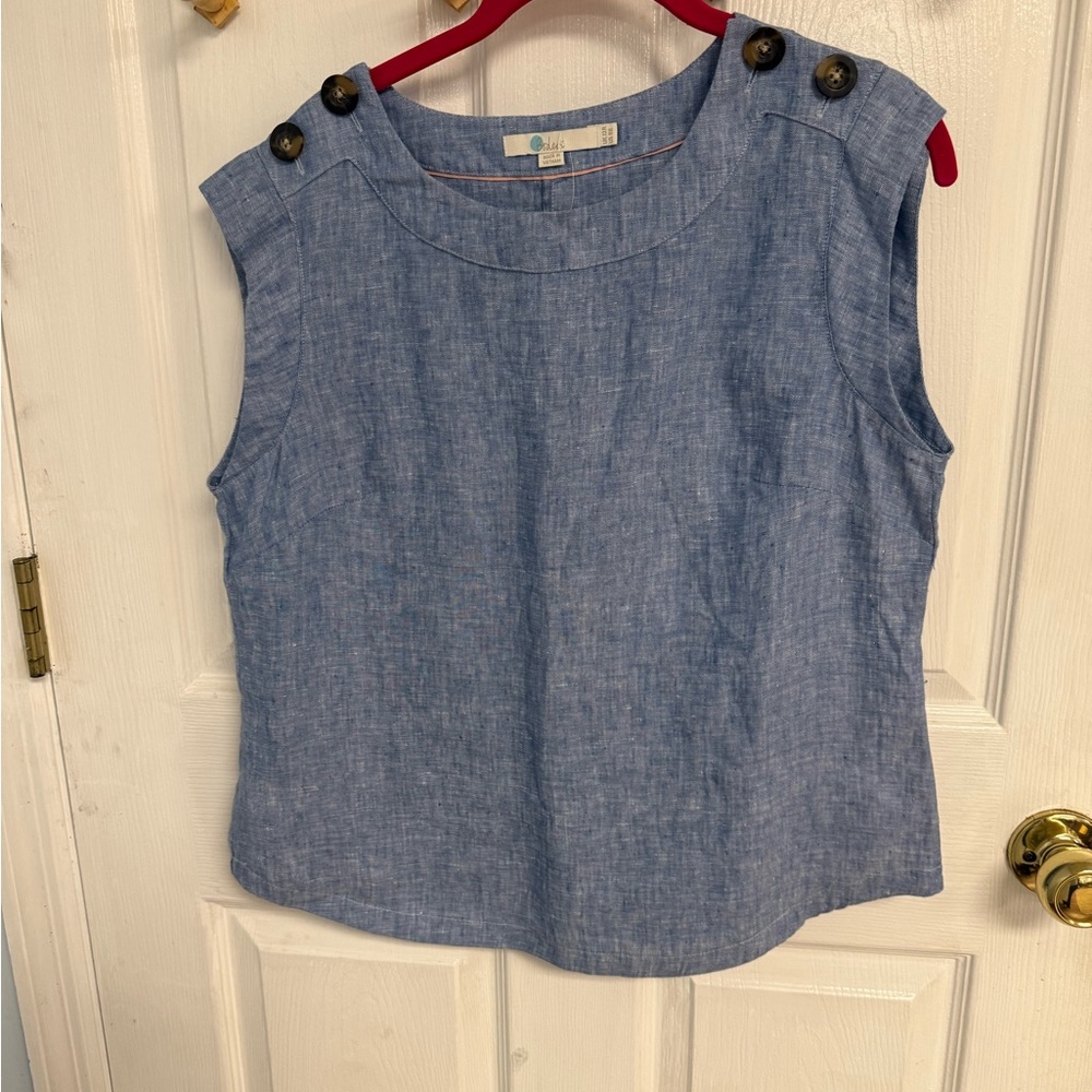 Boden Blue Sleeveless Linen-Blend Button Shoulder Top